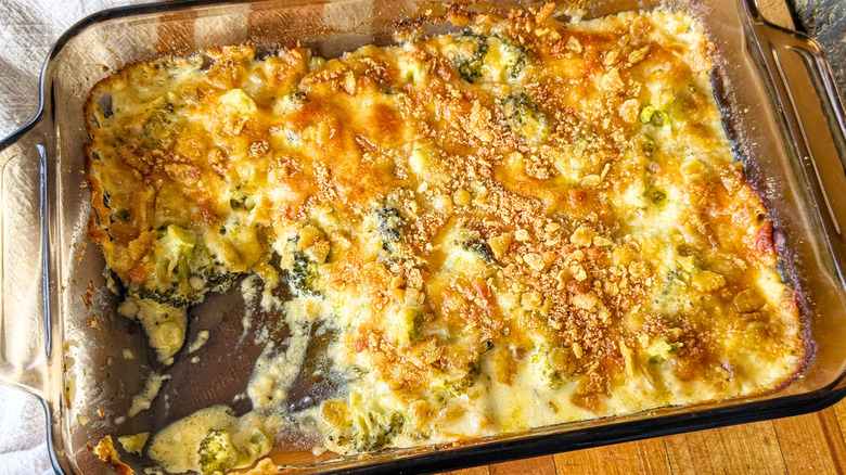 Overview of a broccoli and cheese casserole in dish