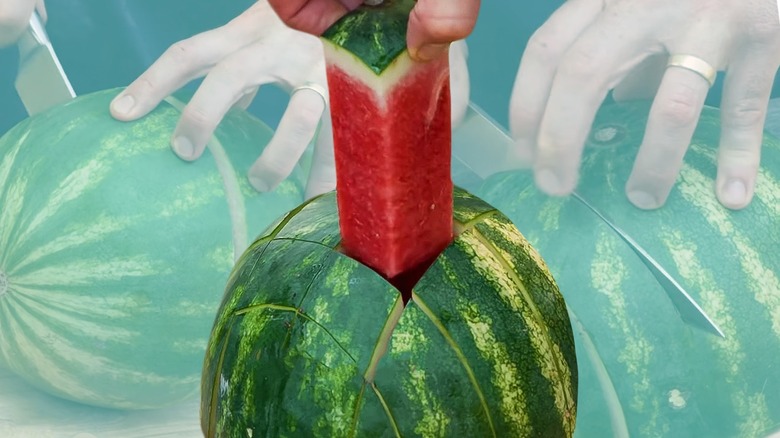 Fingers pulling a watermelon stick from a whole watermelon