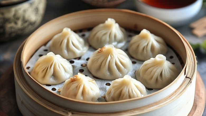 soup dumplings in basket