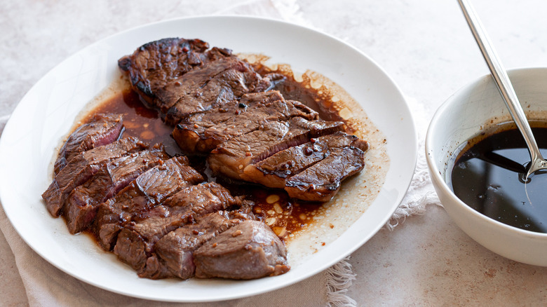 cooked steak with soy sauce