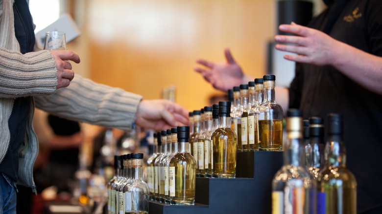 displayed whiskey bottles