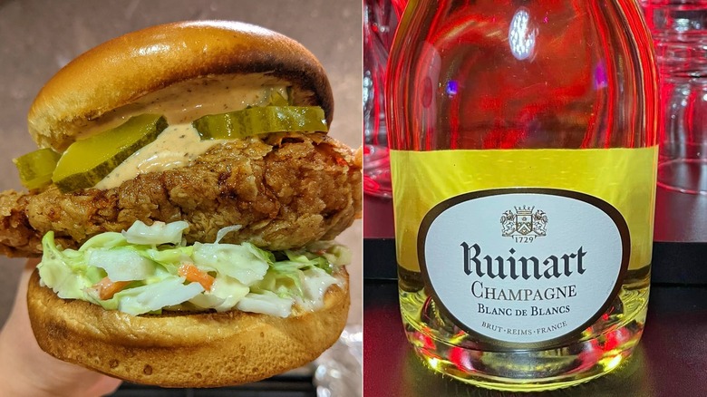 Fried chicken sandwich and Champagne