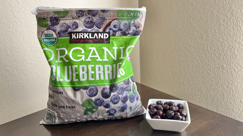 Bag of Kirkland Signature organic blueberries on table