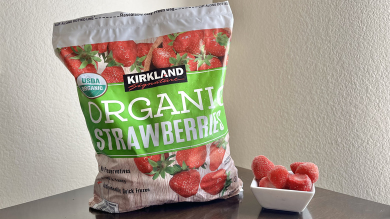 Bag of Kirkland frozen strawberries on table
