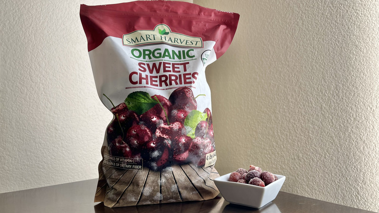 Bag of Smart Harvest organic sweet cherries on table