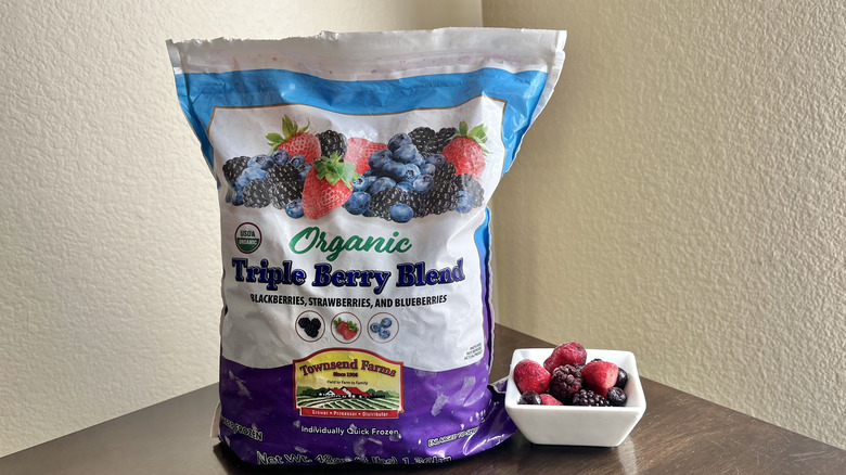 Bag of Townsend Farms triple berry blend on table
