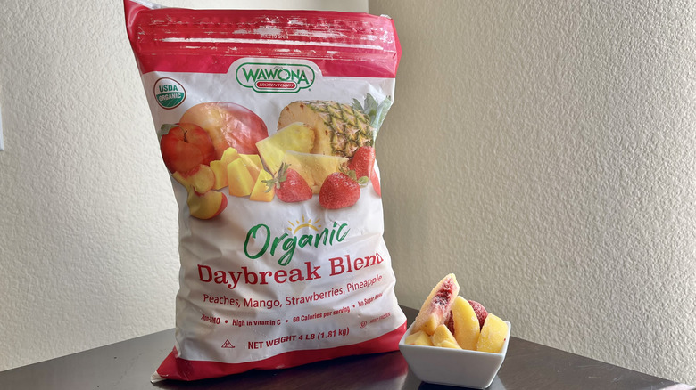 Bag of Wawona fruit blend on table