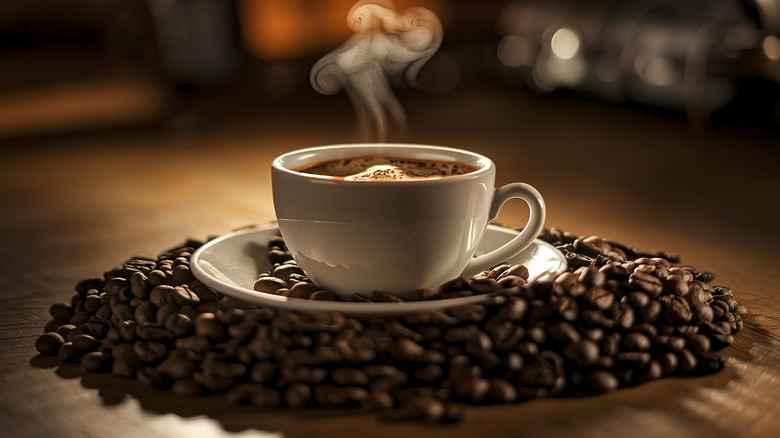 cup of hot coffee surrounded by coffee beans