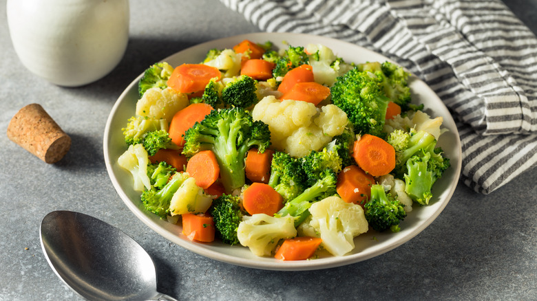 Steamed vegetables on plate