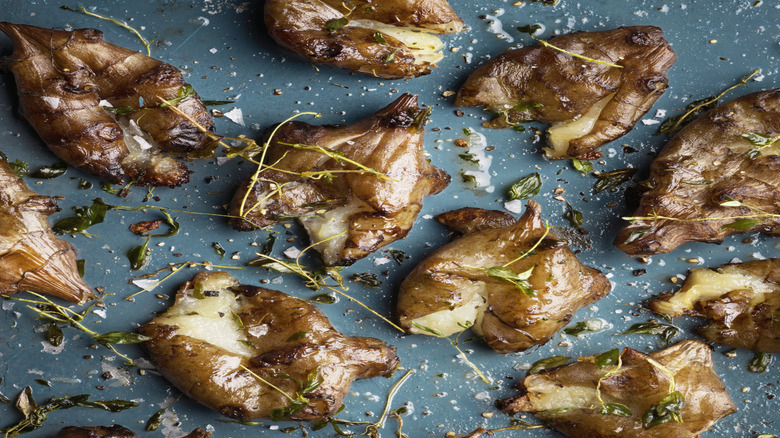 Oven roasted smashes sunchokes with salt and herbs