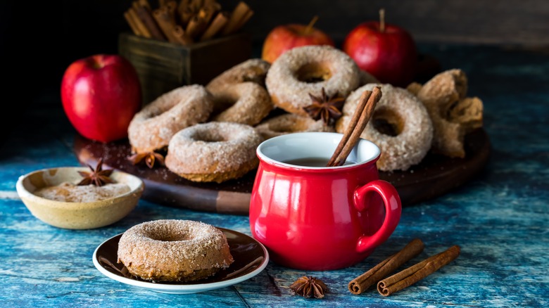 apple cider donuts with a beverage