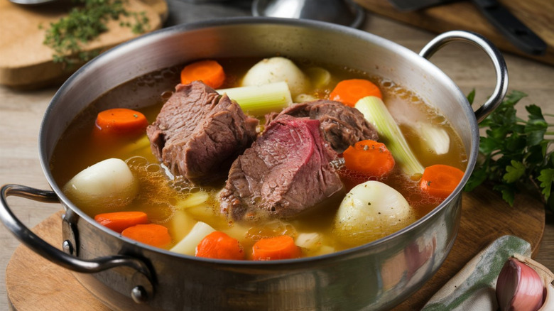 Beef, onions, carrots, and celery in broth