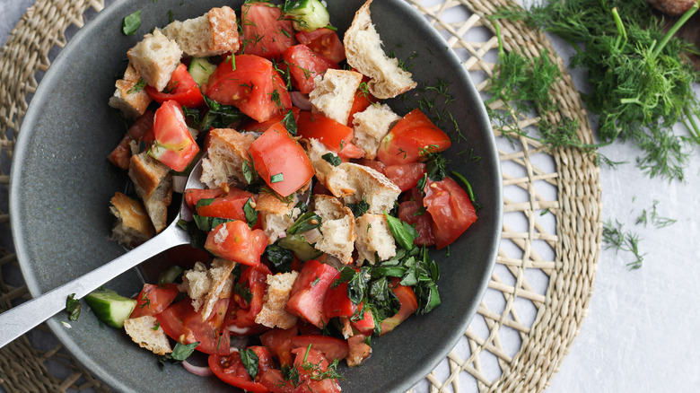 Bowl of panzanella with spoon