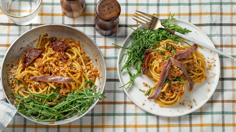 pasta with red sauce and anchovies