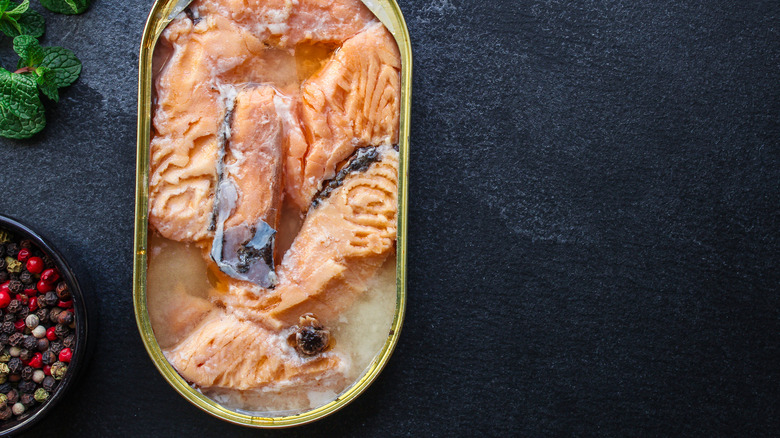 Canned salmon open can black background