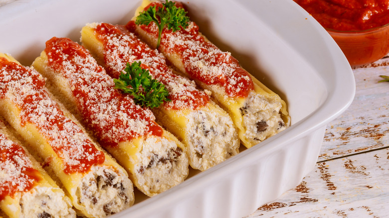 Dish of manicotti