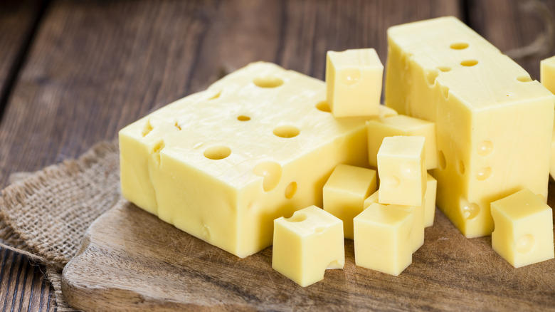 Swiss cheese cut into cubes 