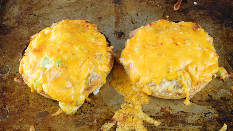 Open tuna melt on baking sheet