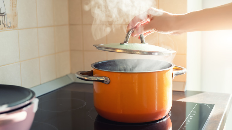 Vegetable broth in orange pot on stove