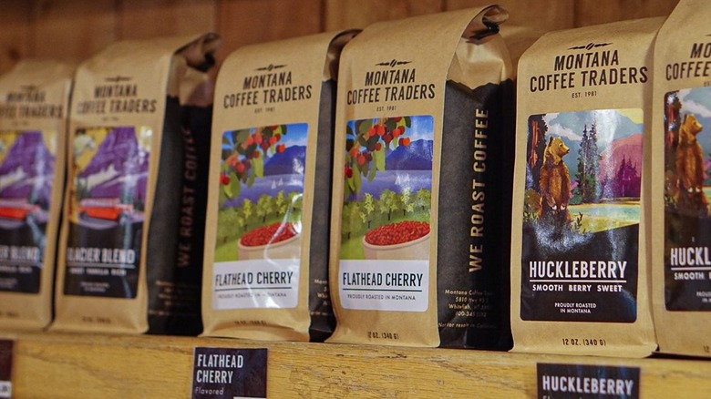 Seasonal flavored coffees in bags on shelf