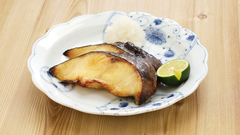 smoked sablefish on a floral plate