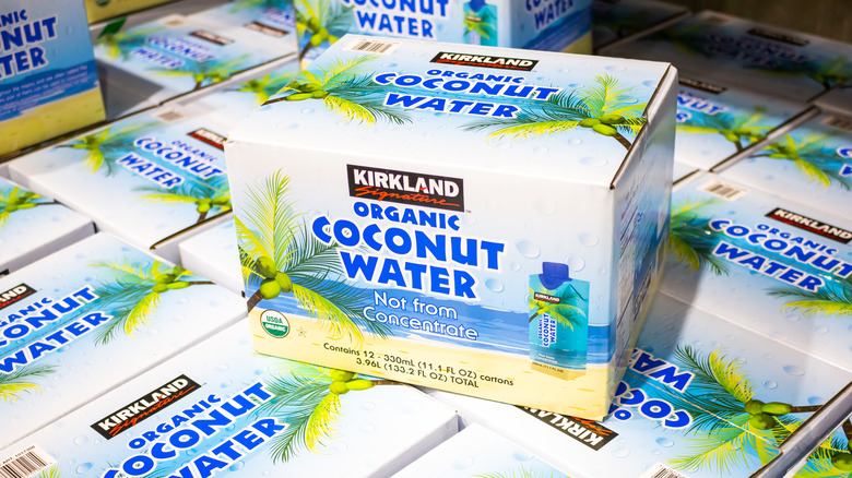 Boxes of Kirkland coconut water