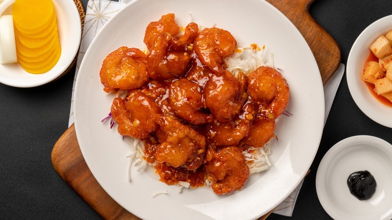 Sweet and sour pork on white plate