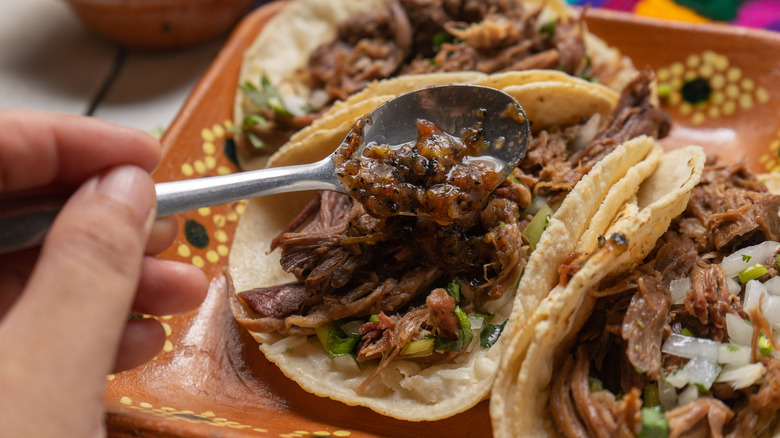 shredded lamb meat in tortillas