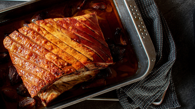 grilled pork belly in pan