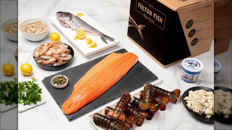 Box from Fulton Fish Marjet with assortnent of fish and lobster