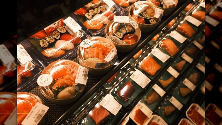 Assortment of sushi on the shelves at Osakana