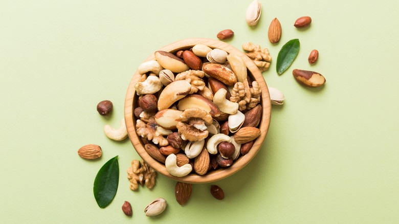 wooden bowl of mixed nuts
