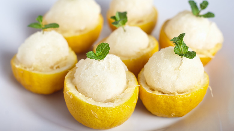 lemon sorbet with mint leaves