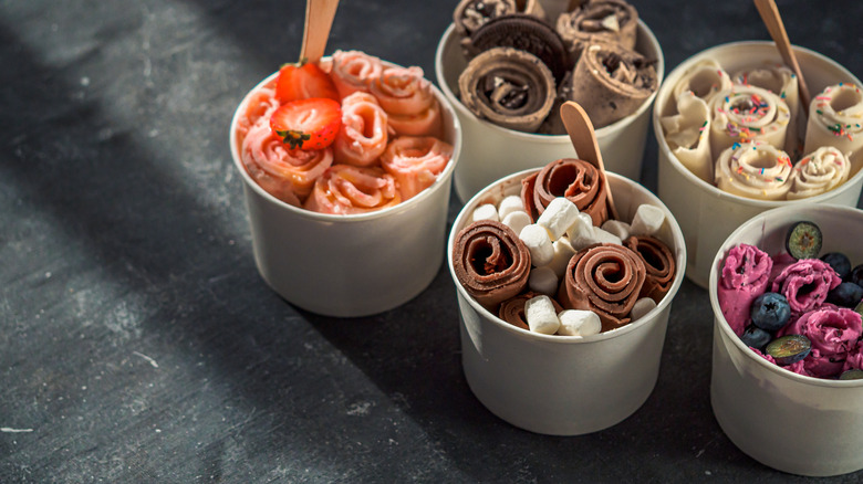 a variety of rolled ice cream flavors