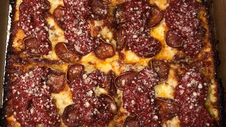 Detroit-style pizza with pepperoni