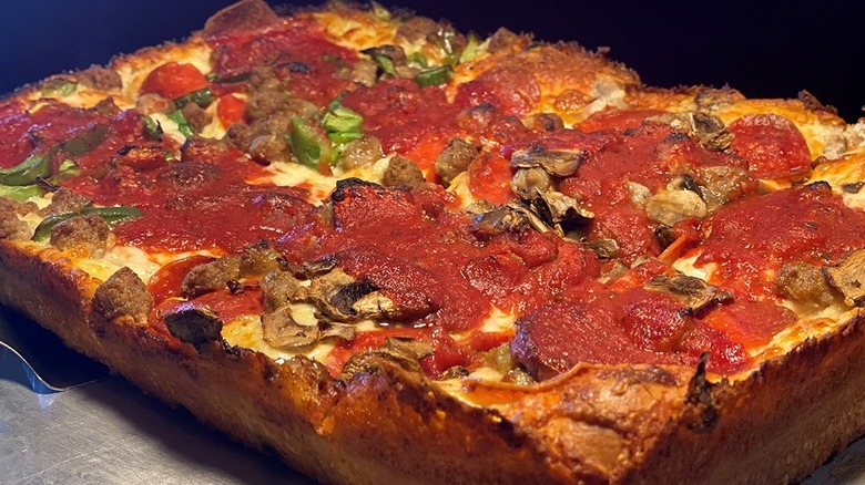 Heaping Detroit-style pizza