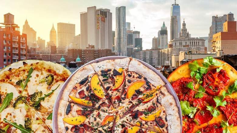 Gluten-free pizzas against NYC skyline