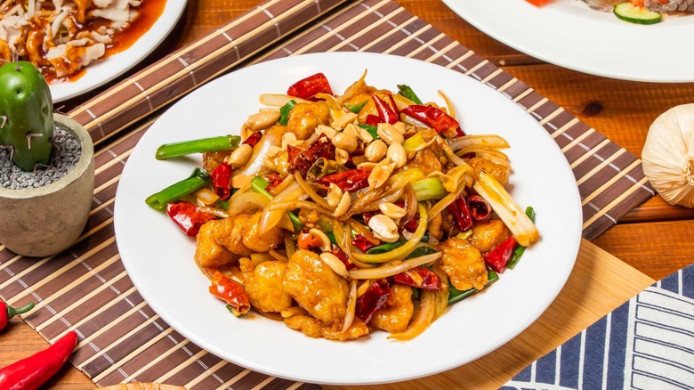 kung pao chicken over noodles