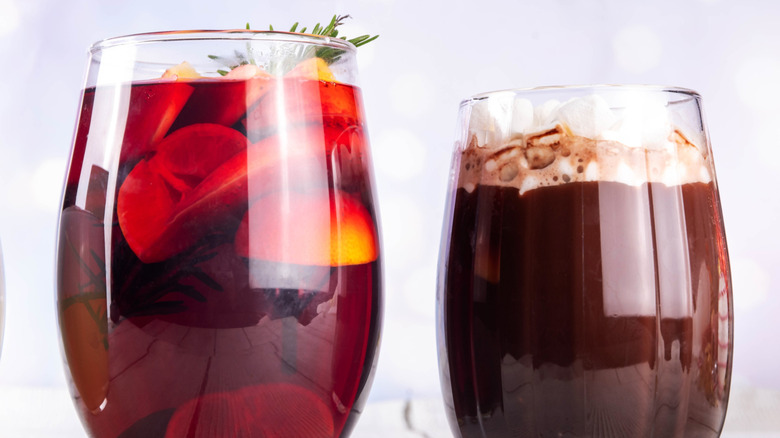 mulled wine and hot chocolate in glasses