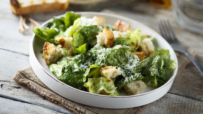 Caesar salad with romaine lettuce and croutons