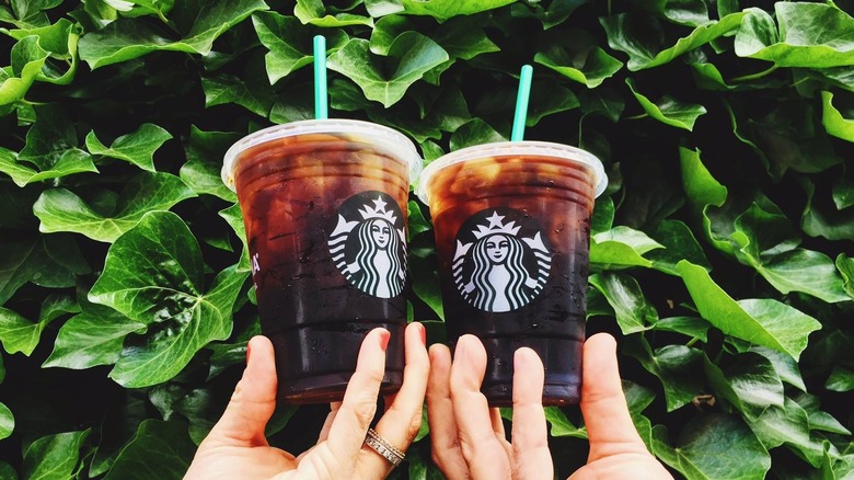 Iced Coffee held in front of greenery