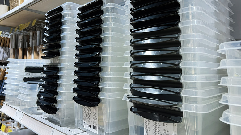 Stacks of clear storage containers
