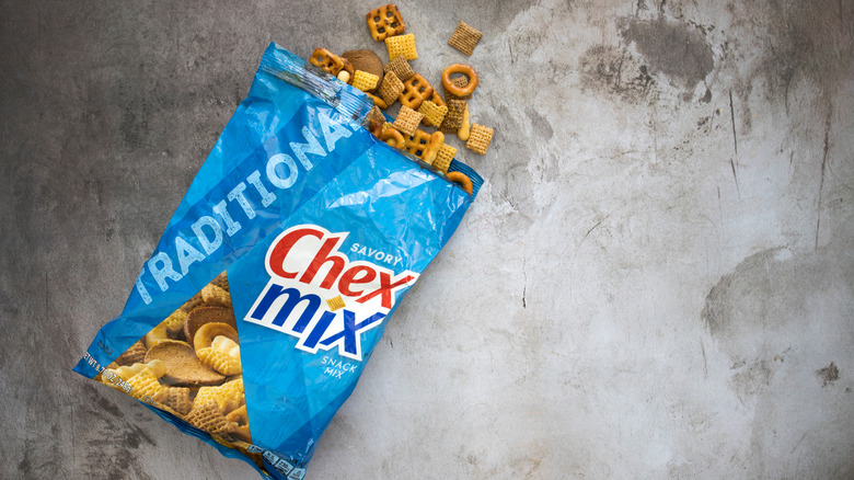 Chex Mix on gray background