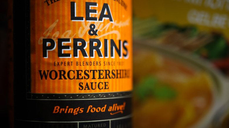 close up of label Lea and Perrins Worcestershire sauce