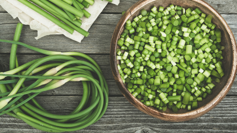 Garlic scapes chopped and whole