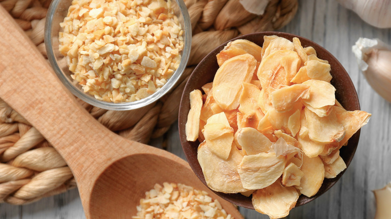 Granulated garlic on wood 