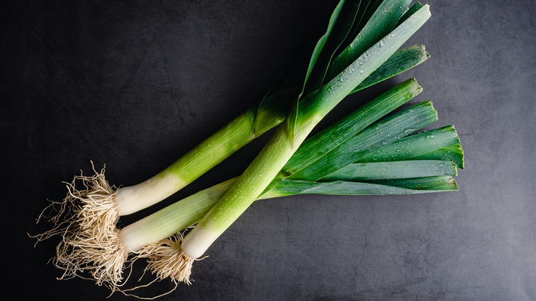 Leeks on black background