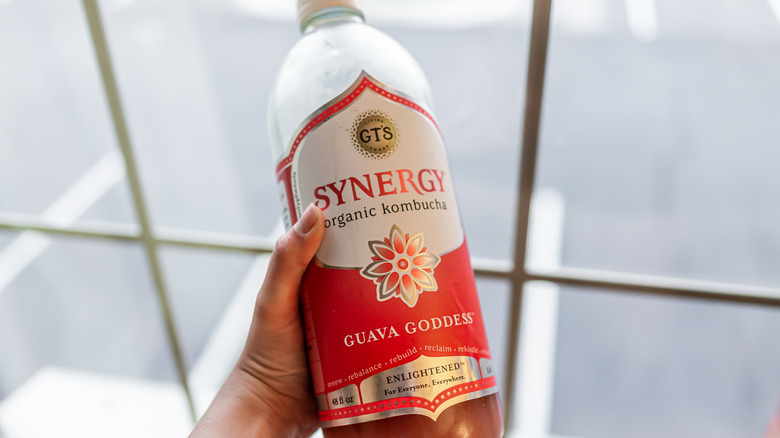 Hand holding large bottle of Guava Goddess kombucha