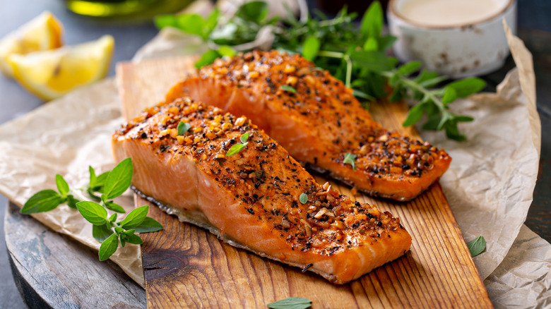 Salmon filets cooked and seasoned