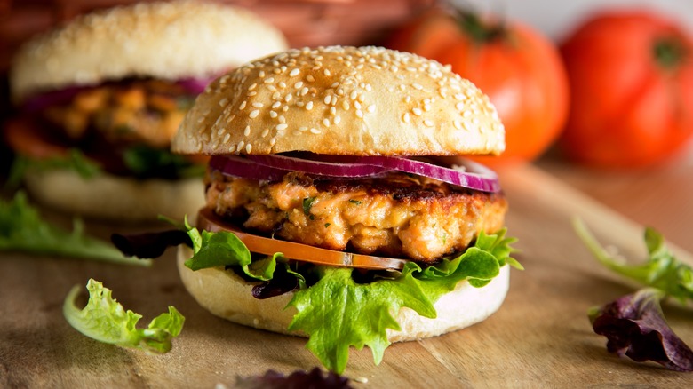 salmon burger on wood